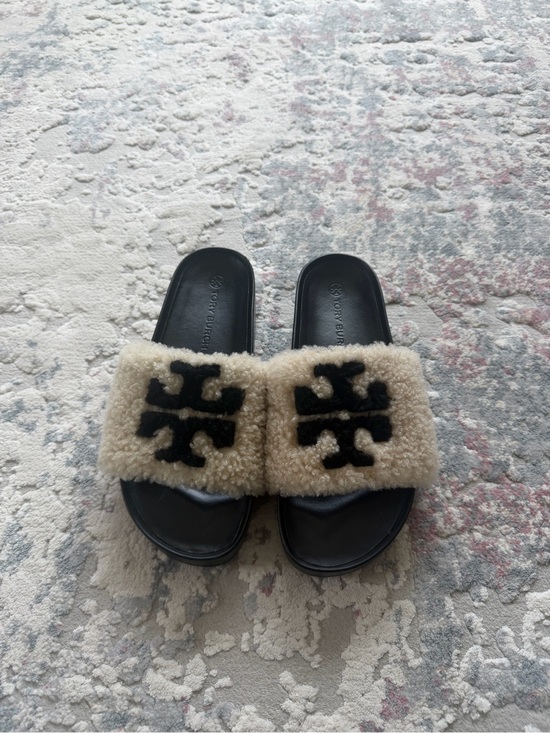 Tory Burch Shoes - Tory Burch Cream Shearling Slides with Black Logo